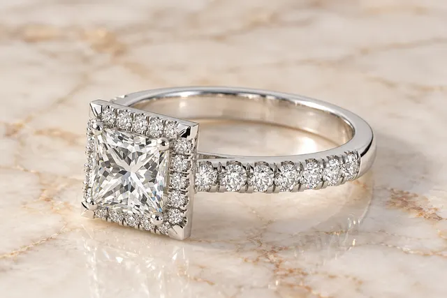 Princess Lab Grown Diamond Engagement Ring Cathedral Halo 14K White Gold Pave Band - alternate view