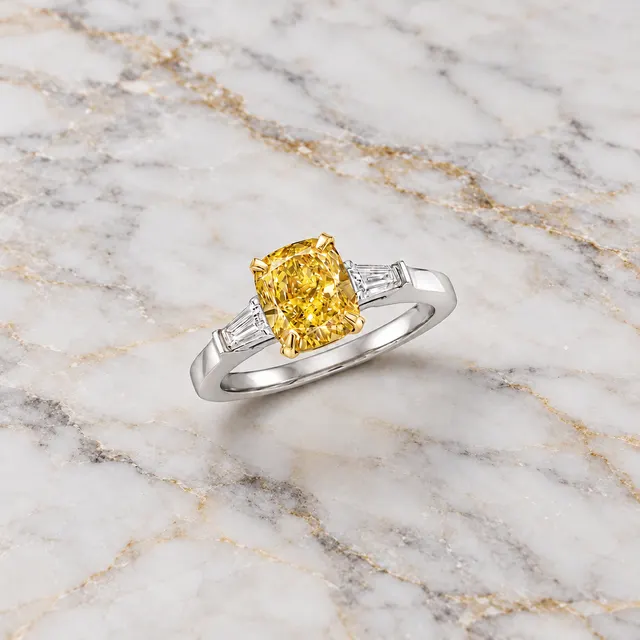 Cushion Cut Yellow Lab Grown Diamond Engagement Ring Three Stone Platinum & Yellow Gold Tapered Baguette Sides