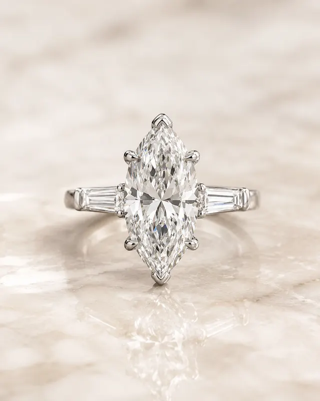 Marquise Lab Grown Diamond Engagement Ring Three Stone 14K White Gold Tapered Baguette, E VVS2