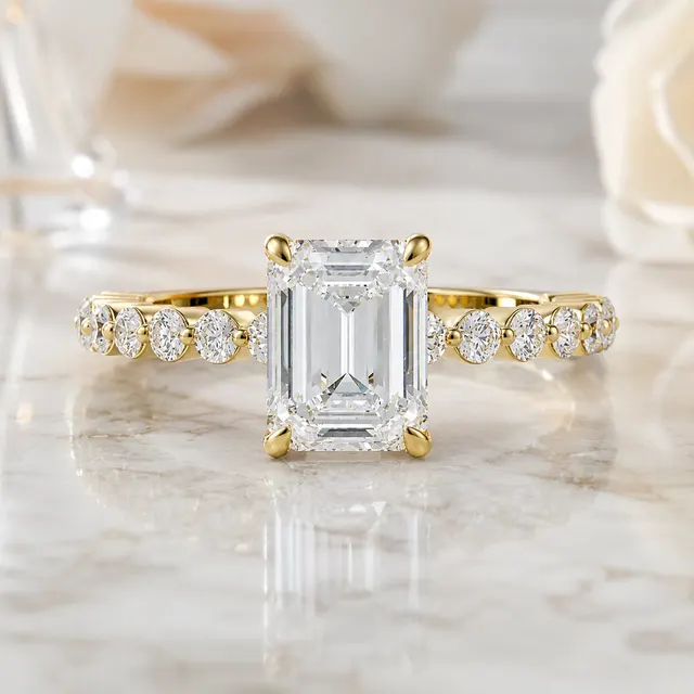 Emerald Cut Lab Grown Diamond Engagement Ring Solitaire 14K Yellow Gold Shared Prong Diamond Shank