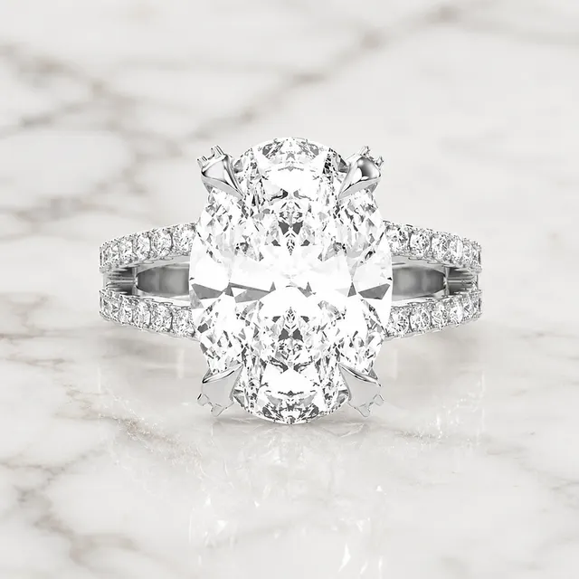 Oval Lab Grown Diamond Engagement Ring Split Shank Pavé 14K White Gold IGI Certified 4 Carat E VVS2