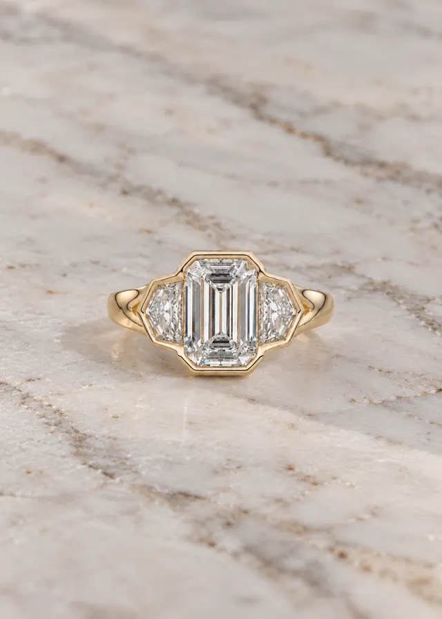 Emerald Cut Lab Grown Diamond Engagement Ring Three Stone Bezel 14K Rose Gold Cadillac Side Stones