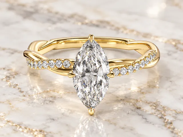 Marquise Lab Diamond Engagement Ring Twisted Vine Pave Band 14K Yellow Gold Solitaire