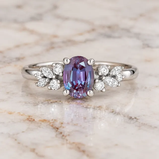 Oval Lab Grown Alexandrite Engagement Ring Floral Diamond Halo Platinum Color Change Gemstone Ring