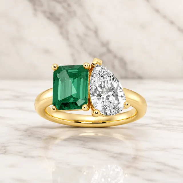 Emerald Cut Emerald & Pear Lab Grown Diamond Two Stone Ring Prong 14K Yellow Gold – 2.5ct VVS2