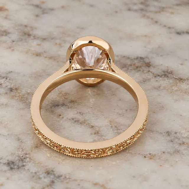 Oval Lab Grown Diamond Engagement Ring Art Deco Bezel 14K Yellow Gold IGI Certified E VVS2 - alternate view