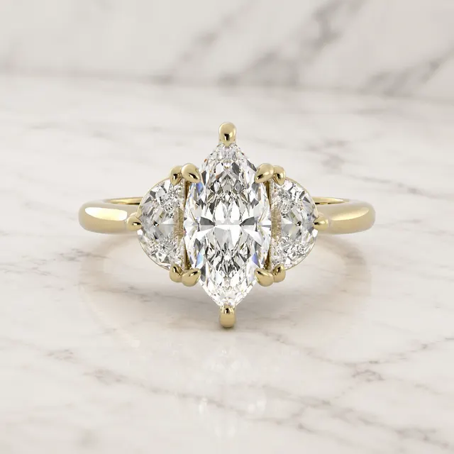 Marquise Lab Grown Diamond Engagement Ring Three Stone Basket 14K Yellow Gold Half-Moon Accents E/VVS2