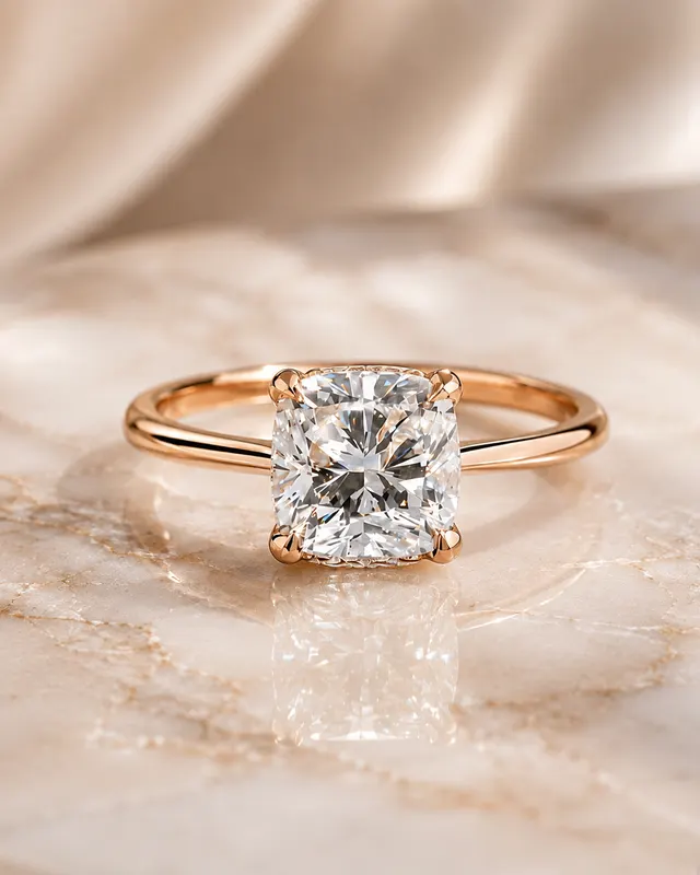 Cushion Lab Grown Diamond Engagement Ring Hidden Halo Solitaire 14K Yellow Gold IGI Certified