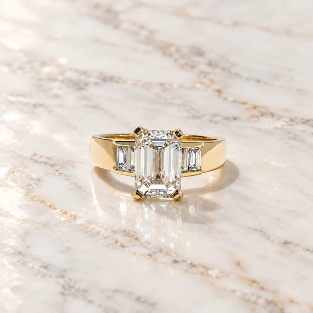 Emerald Cut Lab Grown Diamond Engagement Ring, Baguette Side Stones, 14K Yellow Gold Tapered Band