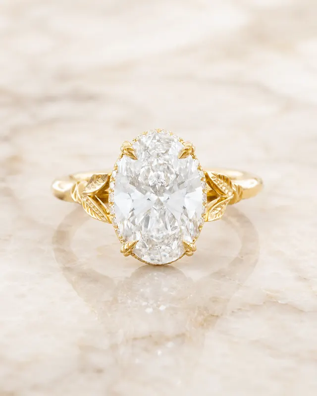 Oval Lab Grown Diamond Engagement Ring – Nature-Inspired Hidden Halo 18K Yellow Gold – 2.5 Carat