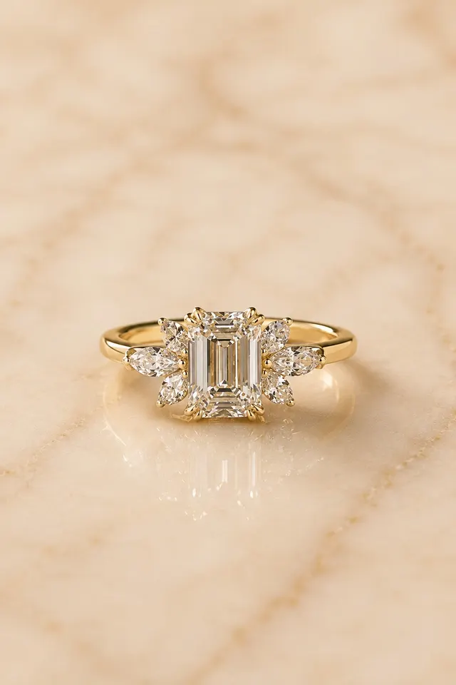 Emerald Cut Lab Grown Diamond Engagement Ring Marquise Halo 14K Yellow Gold – 1.5 Carat