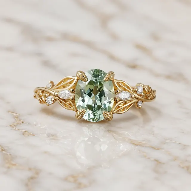 Oval Green Sapphire Engagement Ring Leaf & Vine 14K Yellow Gold Nature Inspired Diamond Accents