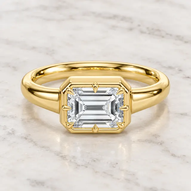Emerald Cut Lab Grown Diamond Engagement Ring East West Solitaire 14K Yellow Gold Button Back Setting