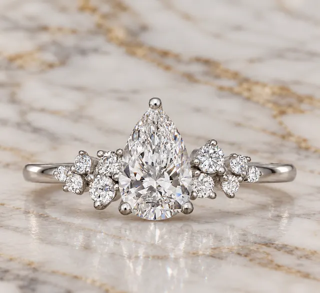 Pear Lab Grown Diamond Cluster Engagement Ring Side Stone 18K Rose Gold E VVS2, IGI Certified