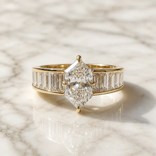 Dutch Marquise Lab Grown Diamond Engagement Ring Channel Set Baguette 14K Gold IGI Certified
