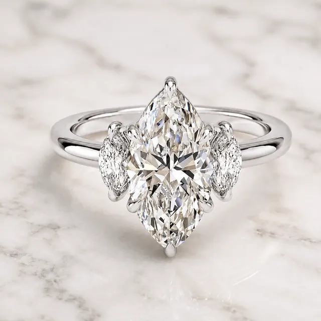 Marquise Lab Grown Diamond Engagement Ring Three Stone 14K White Gold E VVS2
