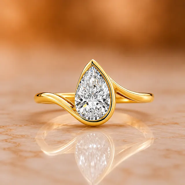 Pear Lab Grown Diamond Engagement Ring Bezel Solitaire Split Shank Twist 14K Yellow Gold IGI Certified 2 Carat
