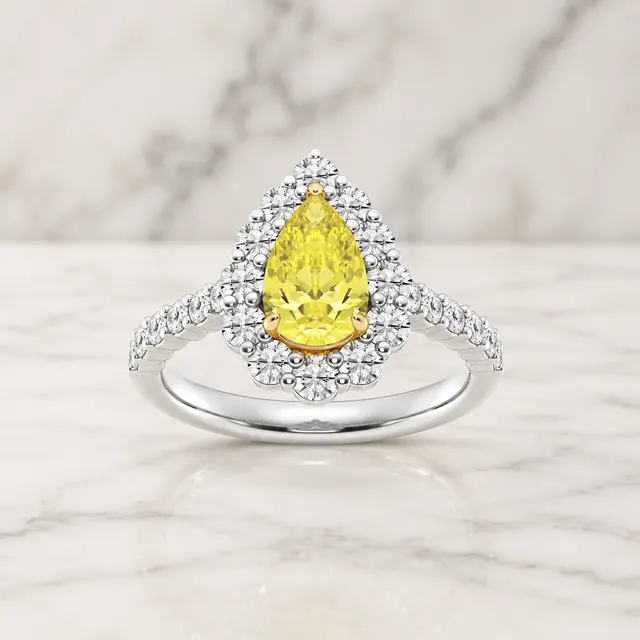 Yellow Pear Lab Grown Diamond Engagement Ring Halo 14K Two-Tone Gold Pavé Shank, 1.95ctw