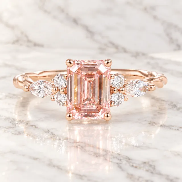 Emerald Cut Pink Lab Diamond Engagement Ring, Twisted Rose Gold Band, IGI Certified