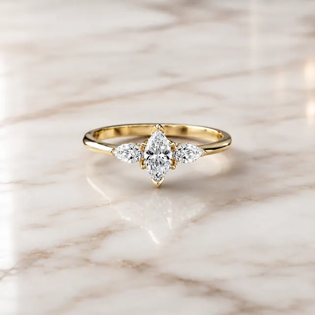 Marquise Lab Grown Diamond Engagement Ring Three Stone 14K Yellow Gold Pear Accents, IGI Certified