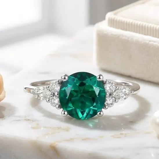 Round Lab Grown Emerald Engagement Ring Classic Solitaire 14K White Gold Green Center Stone