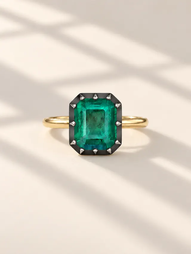 Emerald Cut Natural Emerald Ring Georgian Cut-Down 18K Blackened White & Yellow Gold