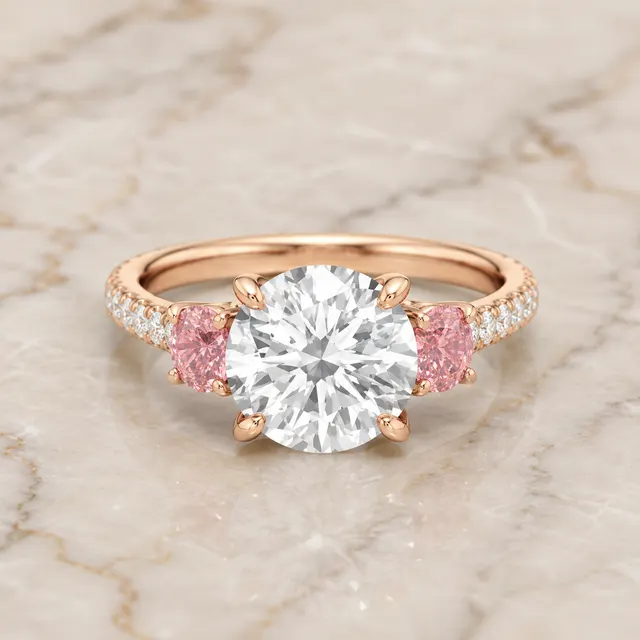 Round Lab Grown Diamond Engagement Ring Three Stone 14K Rose Gold Pink Diamond Side Stones