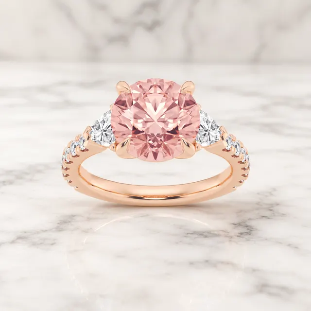Pink Round Lab Grown Diamond Engagement Ring Three Stone 14K Rose Gold IGI Certified 3 Carat