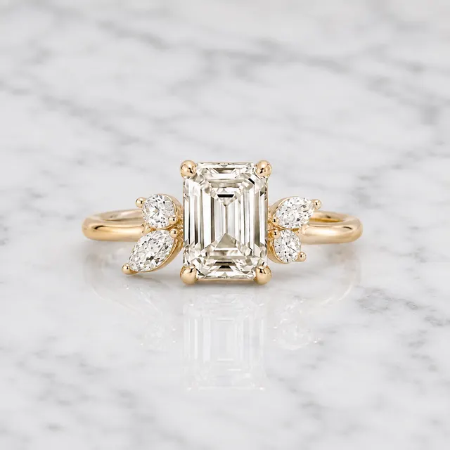 Emerald Cut Lab Grown Diamond Engagement Ring  Floral Side Stone 14K Rose Gold  IGI Certified 2 Carat E VVS2