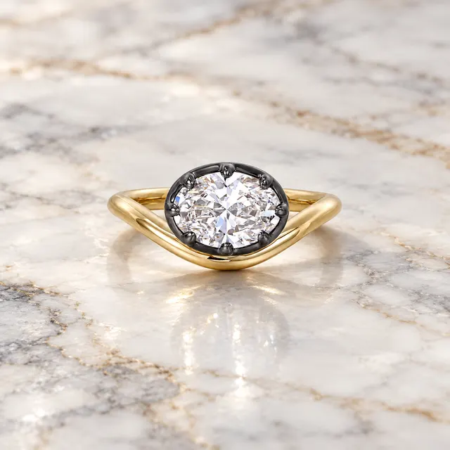Oval Lab Grown Diamond Pinky Ring Bezel-Prong 14K Yellow & Black Gold IGI Certified