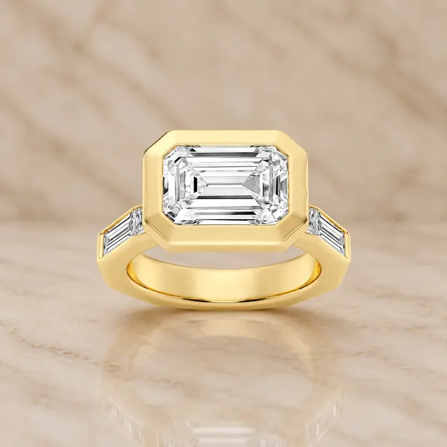 Emerald Cut Lab Grown Diamond Engagement Ring East-West Bezel 14K Yellow Gold IGI Certified 3.5 Carat