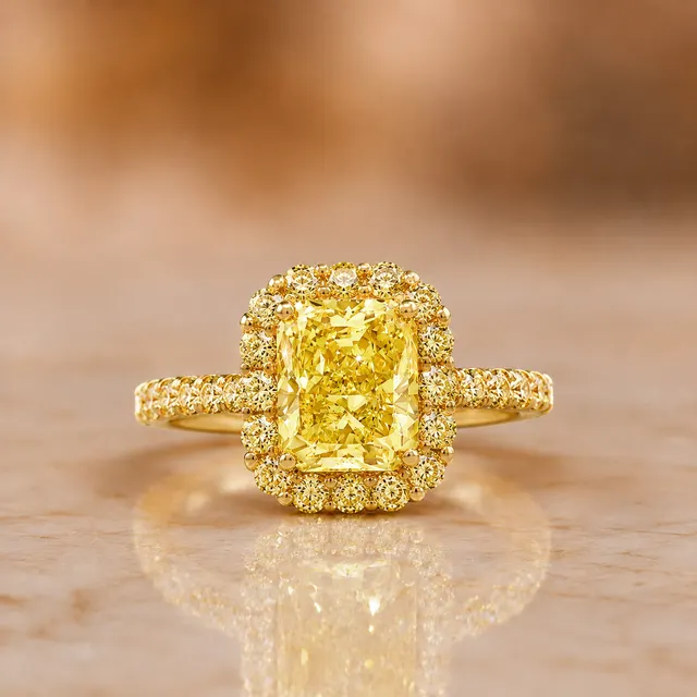 Fancy Yellow Radiant Lab Grown Diamond Engagement Ring Halo Pavé 14K Yellow Gold IGI Certified 2 Carat
