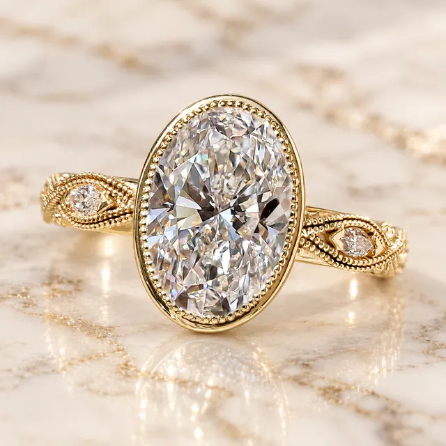 Oval Lab Grown Diamond Engagement Ring Vintage Bezel Milgrain 14K Yellow Gold IGI Certified 