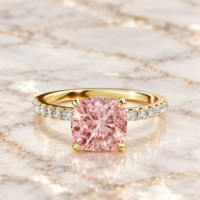 Pink Cushion Cut Lab Grown Diamond Ring, 14K Yellow Gold Pave Band (IGI Certified)