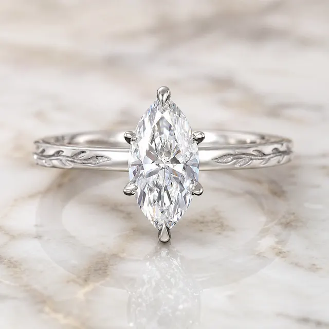 Marquise Lab Grown Diamond Engagement Ring Six Prong Solitaire 14K White Gold Engraved Leaf Band, E VVS2