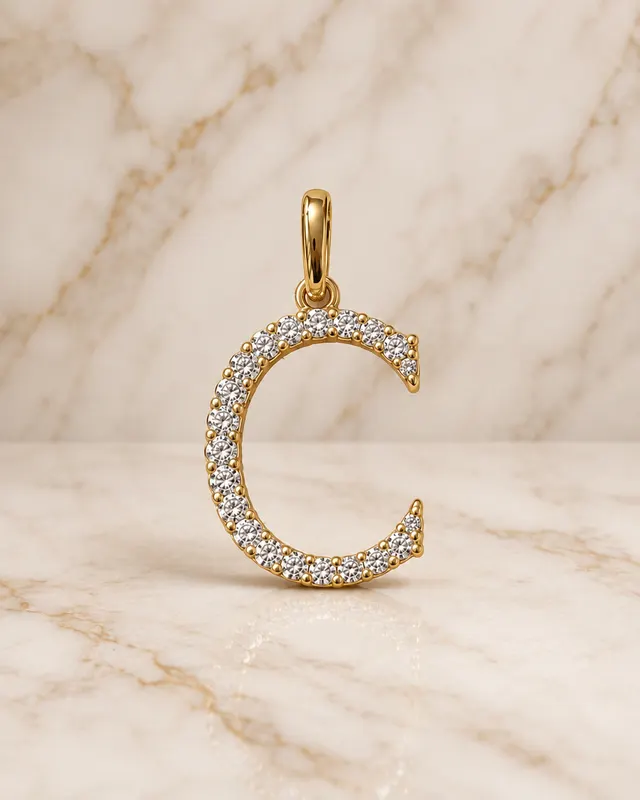 Letter C Initial Lab Grown Diamond Pendant Necklace Pavé 14K Yellow Gold – Round E for Her