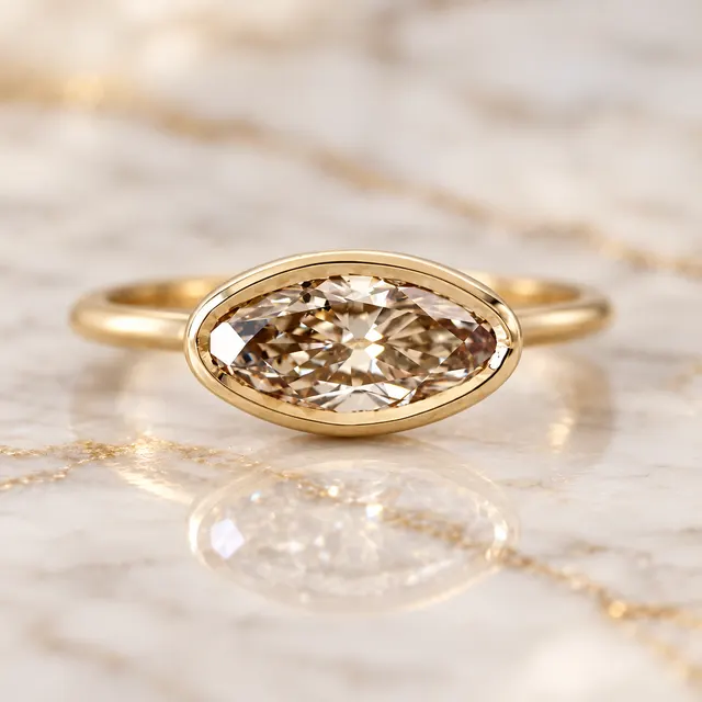Champagne Moval Diamond Engagement Ring Bezel Set 14K Yellow Gold East West Moval