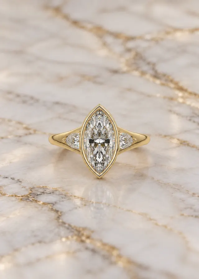 Marquise Lab-Grown Diamond Bezel Engagement Ring, Pear Side Stones, 14K Rose Gold (IGI Certified)