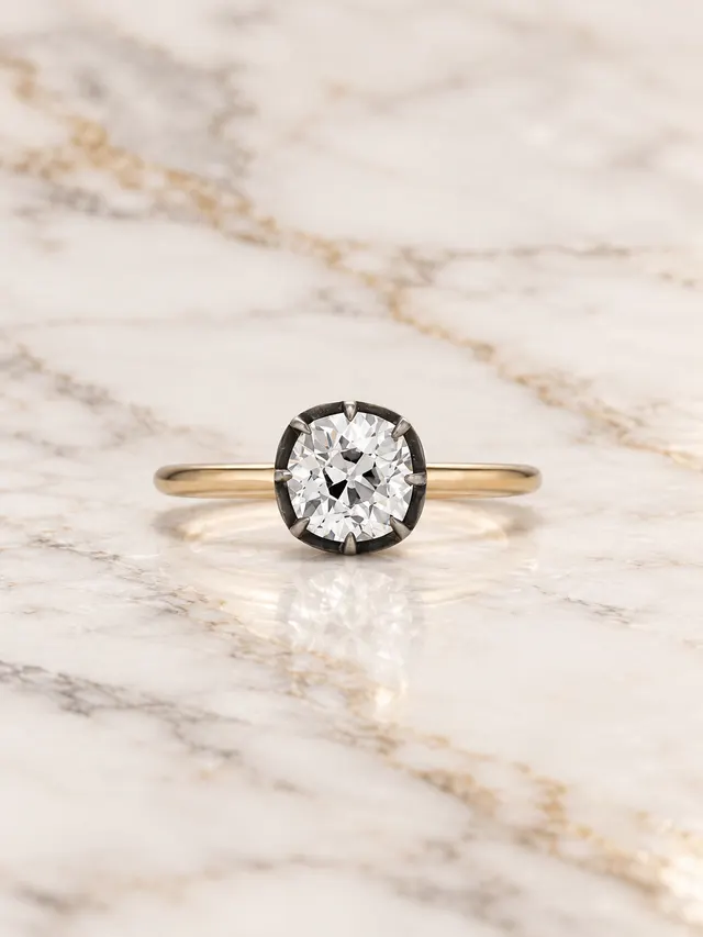 Old Mine Cushion Cut Diamond Engagement Ring Blackened Bezel 18K Yellow Gold IGI Certified