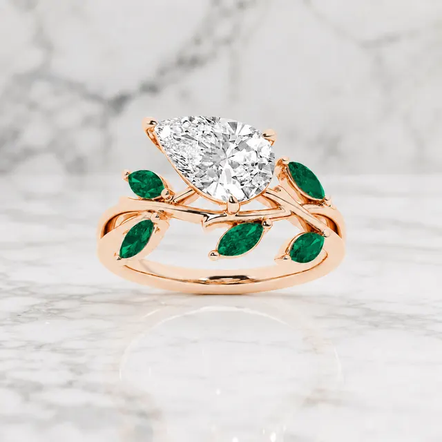Pear Lab Grown Diamond Engagement Ring Branch Side Stone 14K Rose Gold Marquise Emerald Accents, IGI Certified