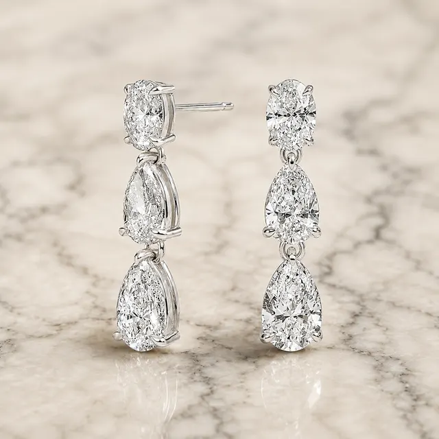 Pear Oval Lab Grown Diamond Drop Earrings Three Stone 18K White Gold 4.4 Carat Total