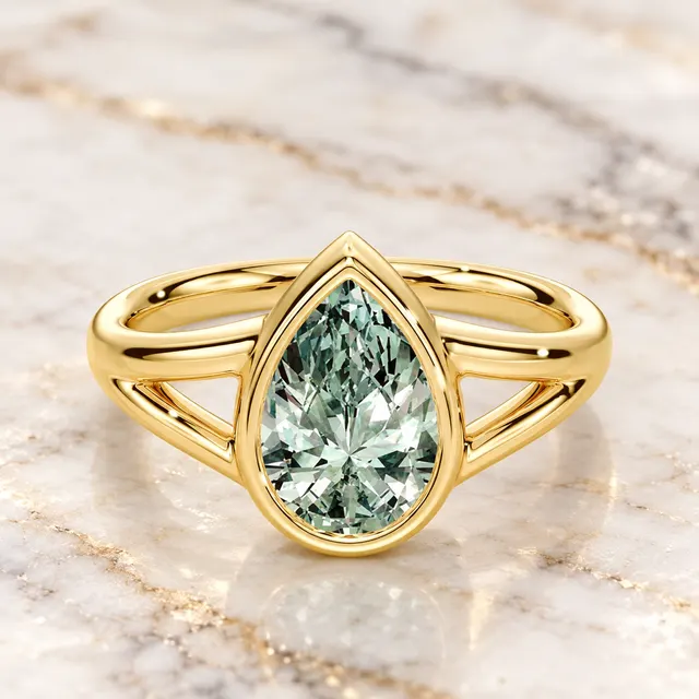 Pear Green Lab Diamond Engagement Ring, 14K Yellow Gold Bezel Split Shank