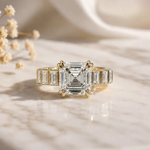Asscher Cut Lab Grown Diamond Engagement Ring Channel-Set Baguette 14K Yellow Gold VVS2 E Clarity