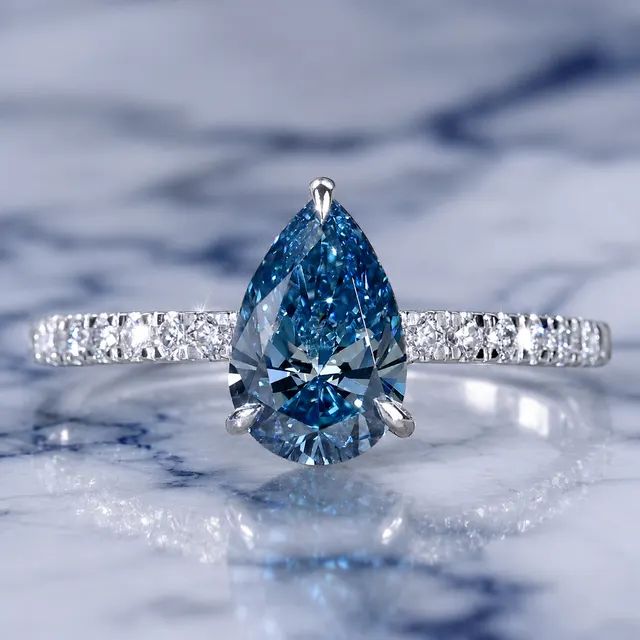 Fancy Blue Pear Lab Grown Diamond Engagement Ring Pavé 14K White Gold  IGI Certified 1.02 Carat