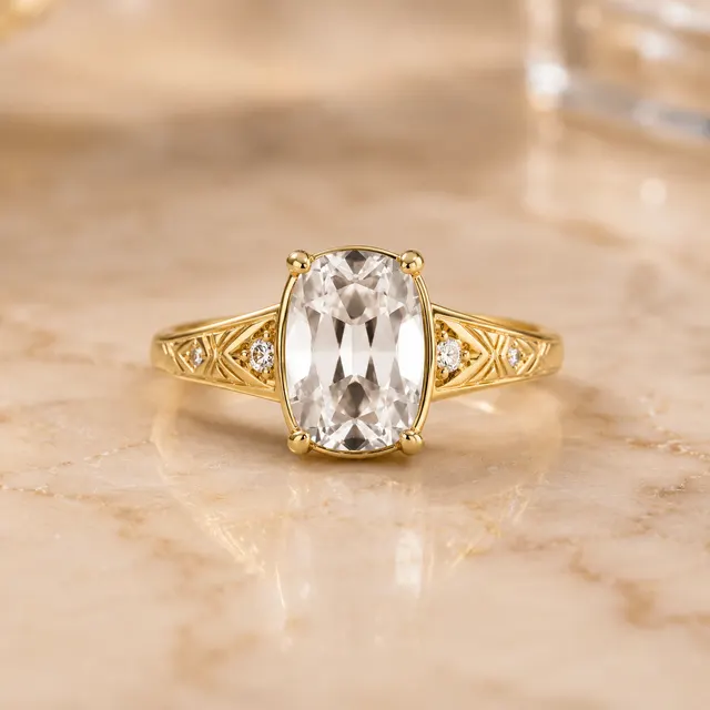 Cushion Lab Grown Diamond Vintage Engagement Ring Side Stone 14K Yellow Gold IGI Certified 2 Carat