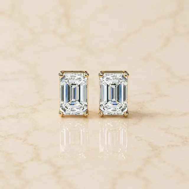 Emerald Cut Lab Grown Diamond Stud Earrings Four-Prong Solitaire 14K Yellow Gold  IGI Certified 10ct