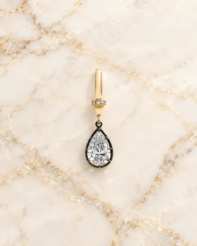Lab Diamond Pendant Necklace Pear Cut Blackened Gold IGI Certified Vintage Style