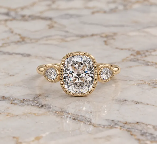 Cushion Lab Grown Diamond Engagement Ring Three Stone Pear Accent 14K Rose Gold Bezel Milgrain Setting