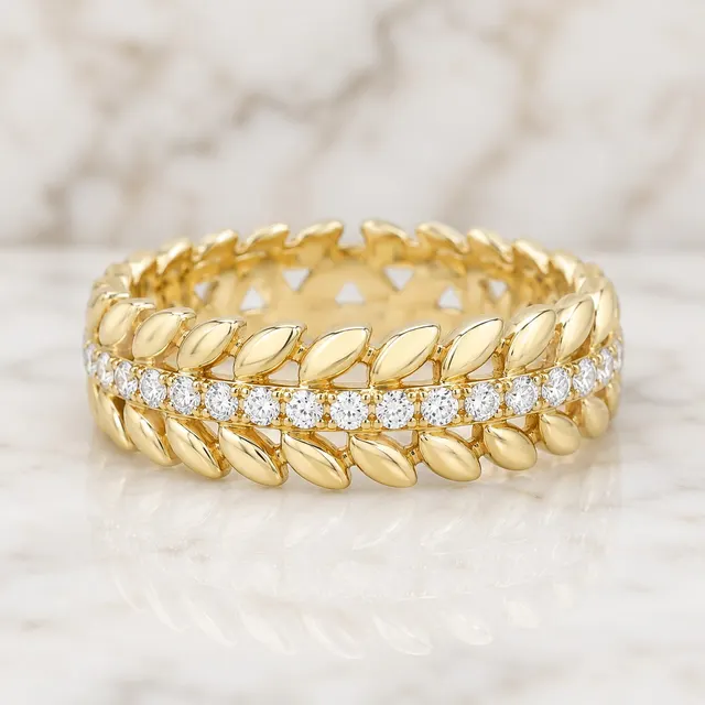 Round Lab Grown Diamond Wreath Ring Pavé Laurel 14K Yellow Gold Statement Band