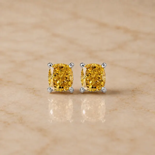 Yellow Cushion Lab Grown Diamond Stud Earrings Hidden Halo 14K White Gold IGI Certified 3.5 Carat